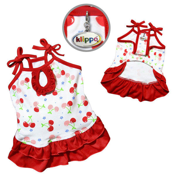 Soft Knit Cotton Cherry Dog Dress with Shoulder Ties