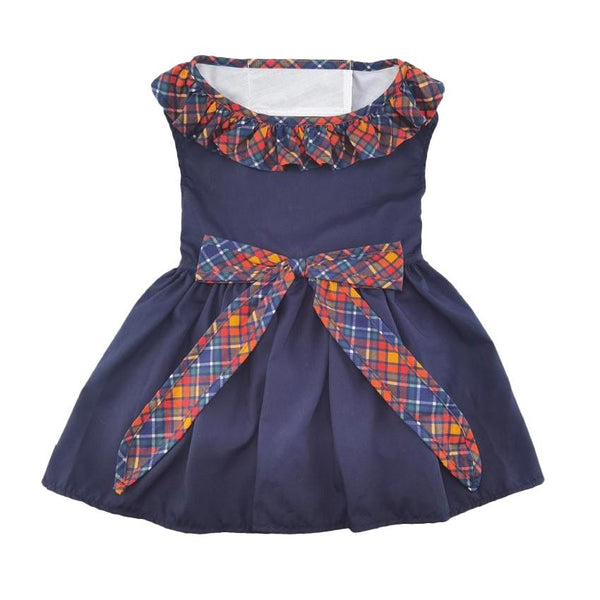 Dog Harness Dress & Leash Set – Navy Plaid Ruffle