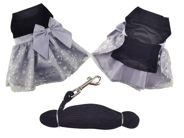 Dog Harness Holiday Dress & Leash Set – Black Velvet Snowflake