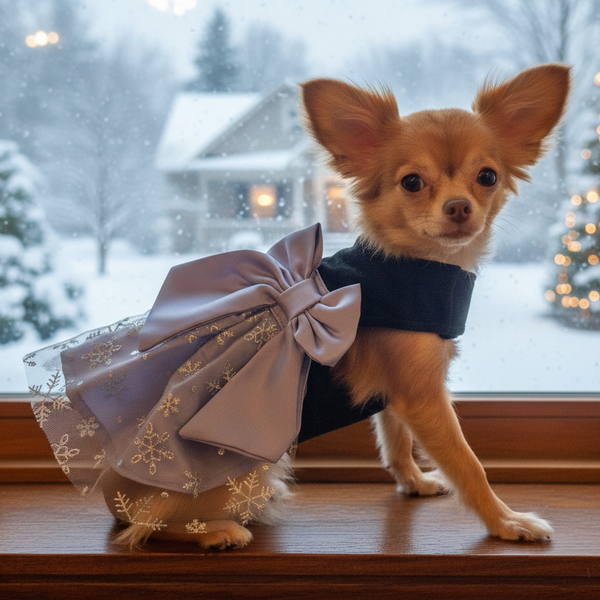 Dog Harness Holiday Dress & Leash Set – Black Velvet Snowflake