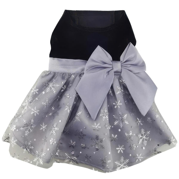 Dog Harness Holiday Dress & Leash Set – Black Velvet Snowflake