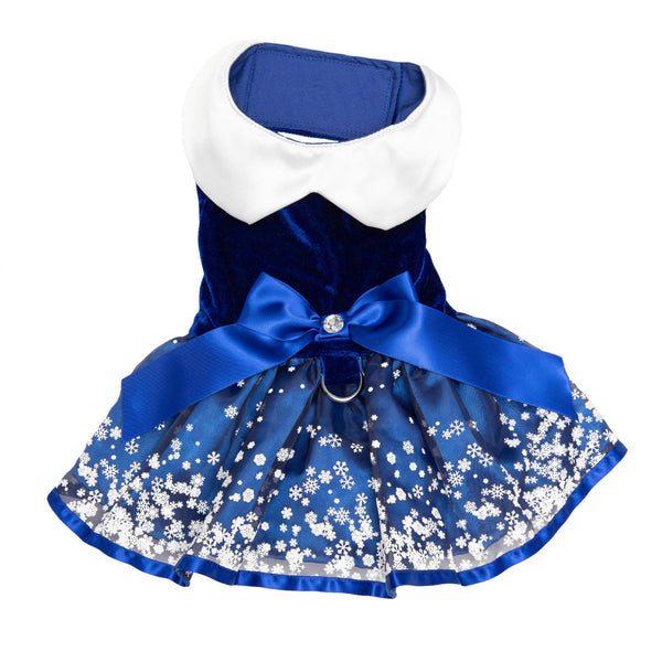 Dog Harness Holiday Dress & Leash Set – Blue Snowflakes