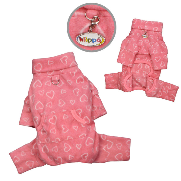 Blush Heart Fleece Dog Pajamas – Warm Turtleneck Bodysuit