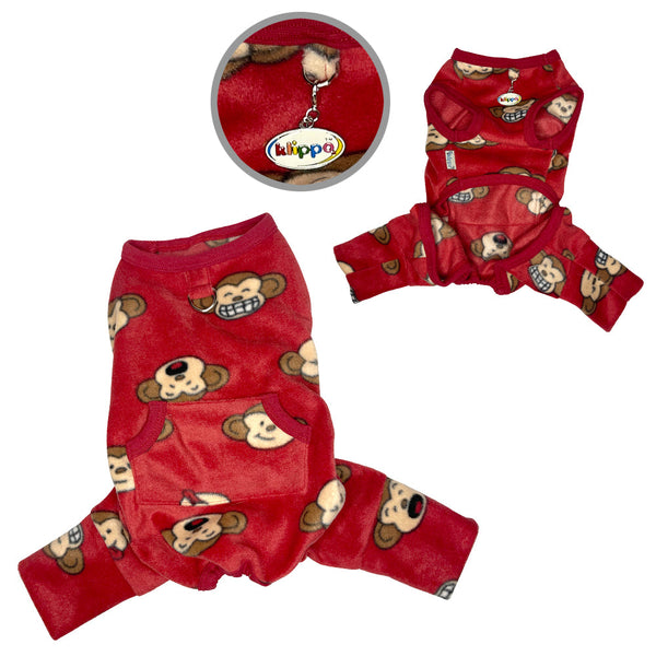 Monkey Print Sleeveless Dog Pajamas – Soft Fleece Bodysuit