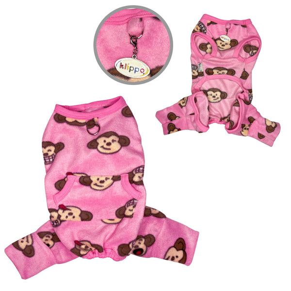 Monkey Print Sleeveless Dog Pajamas – Soft Fleece Bodysuit