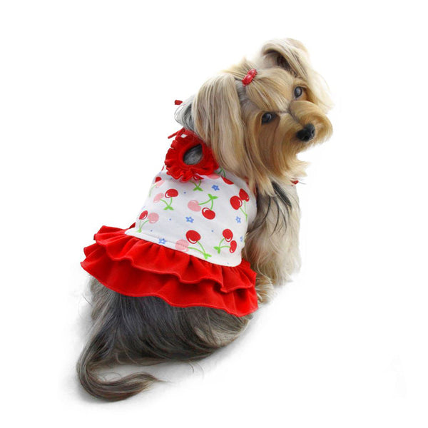 Soft Knit Cotton Cherry Dog Dress with Shoulder Ties