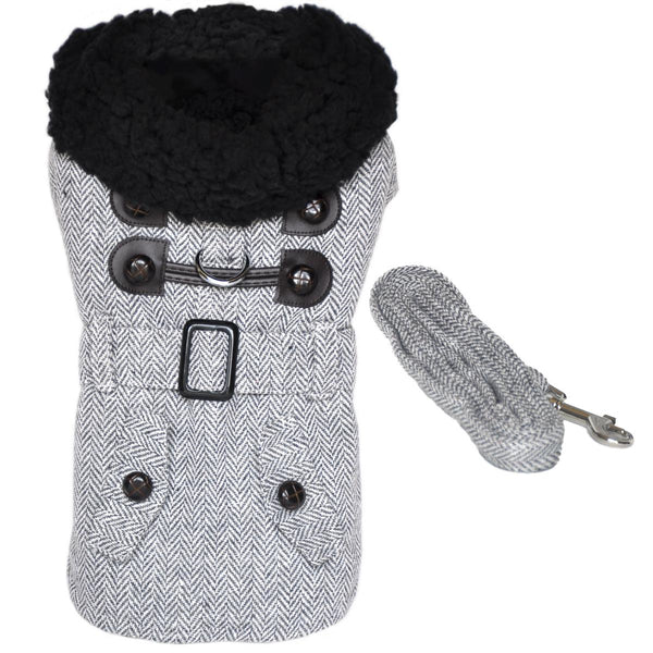 Dog Harness Coat & Leash Set – Grey Herringbone Designer