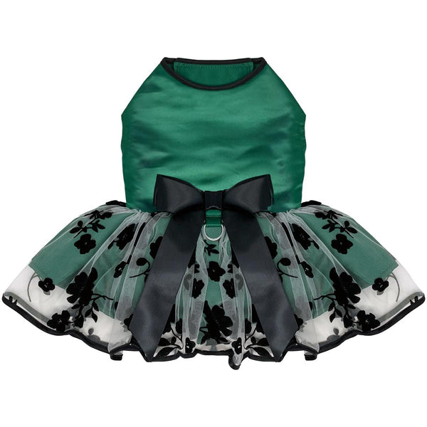Dog Harness Dress & Leash Set – Green & Black Satin