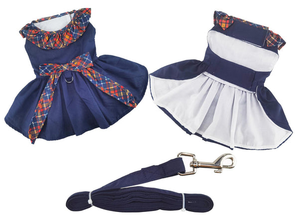 Dog Harness Dress & Leash Set – Navy Plaid Ruffle