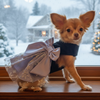 Dog Harness Holiday Dress & Leash Set – Black Velvet Snowflake