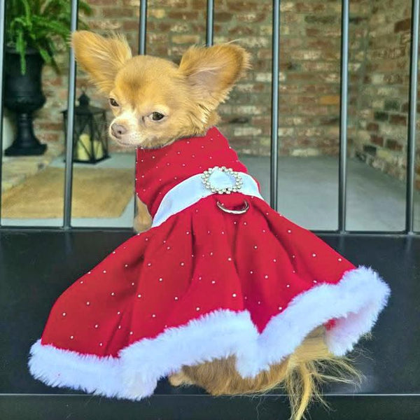 Dog Harness Holiday Dress & Leash Set – Red Velvet Sparkle