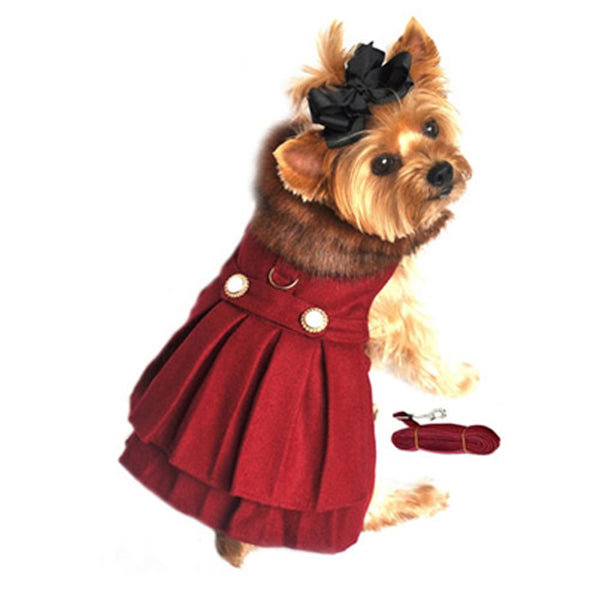 Wool Dog Harness Coat & Leash Set – Burgundy Fur-Trimmed