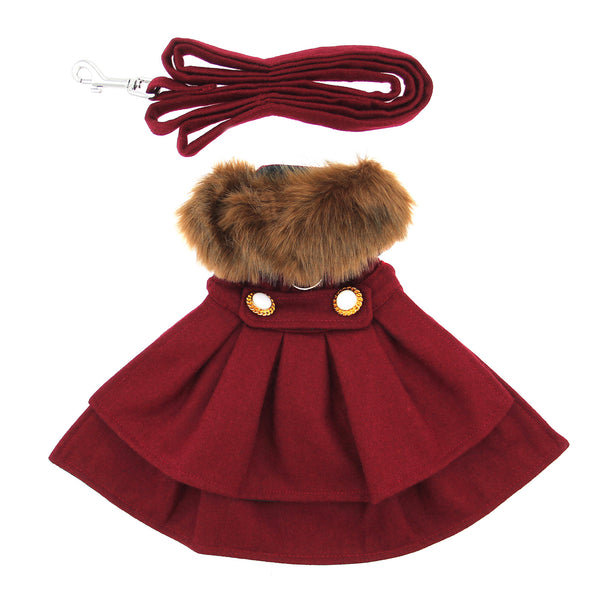 Wool Dog Harness Coat & Leash Set – Burgundy Fur-Trimmed